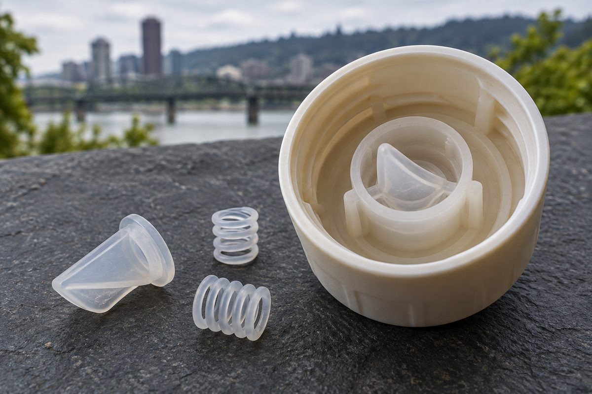 Zero-backflow silicone check valve preventing air ingress into active formulations.