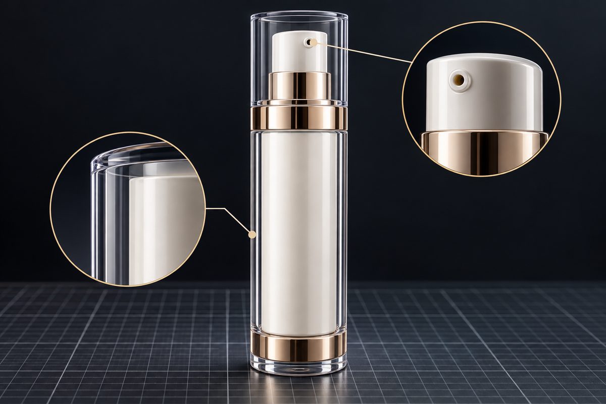 Complete dual-wall airless vacuum dispenser bottle standing on technical grid.