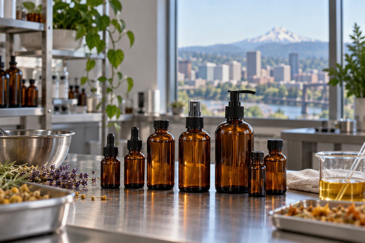 Batch aligned amber glass bottles awaiting pharmaceutical cosmetic packaging.