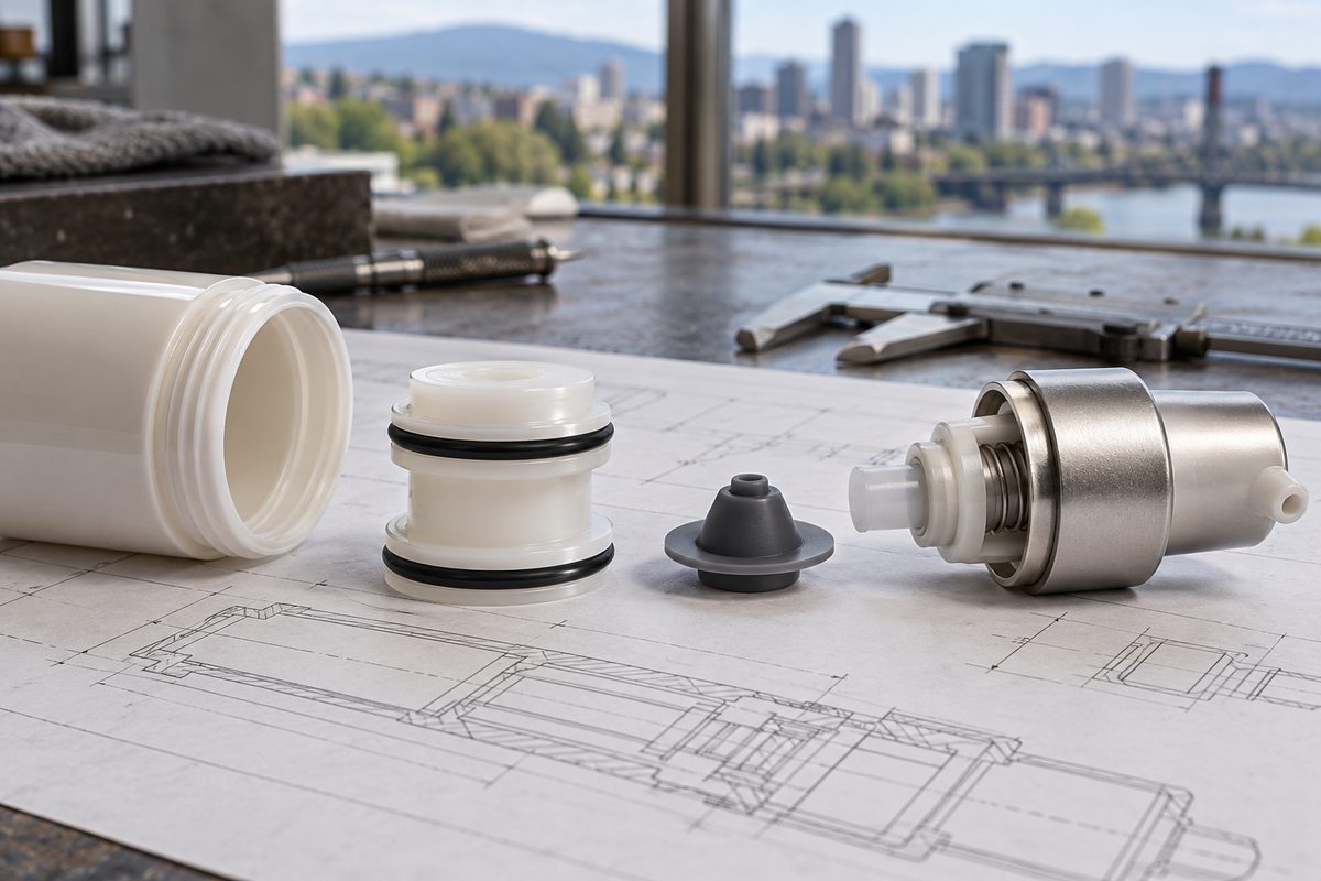 Technical breakdown of airless cosmetic packaging pump mechanics with sealing rings and piston.