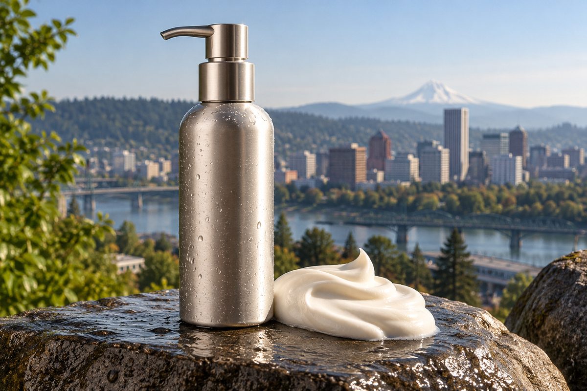 Aluminum dispenser bottle and lactic acid body emulsion sample on slate surface.