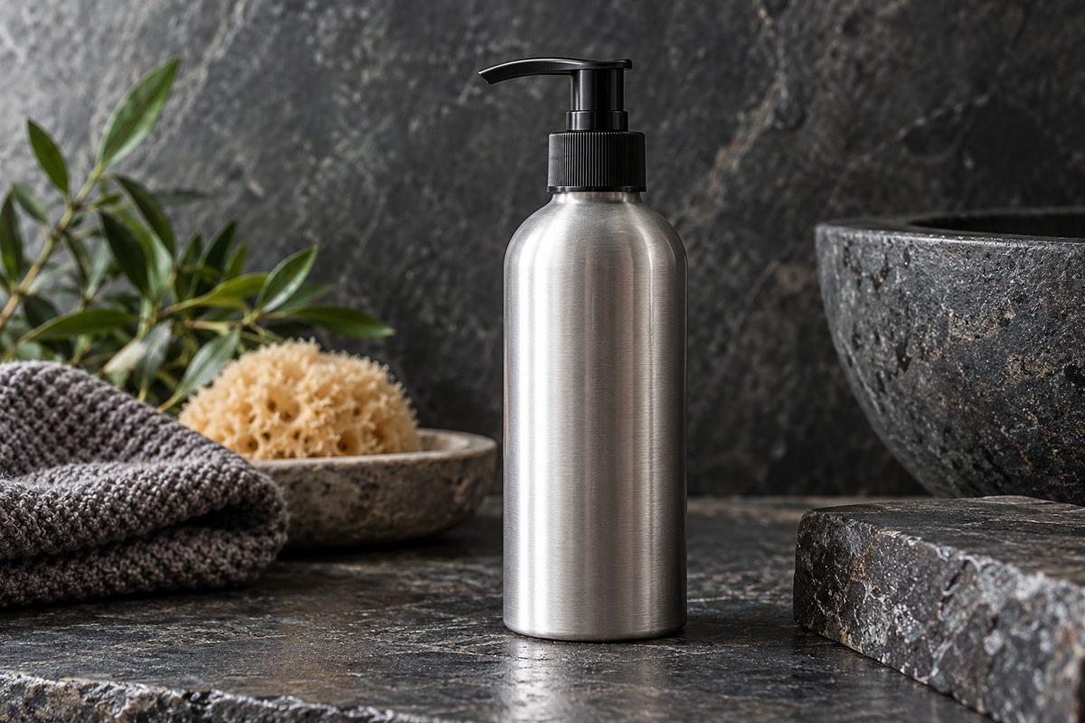 Brushed aluminum body lotion pump bottle on dark stone pedestal.
