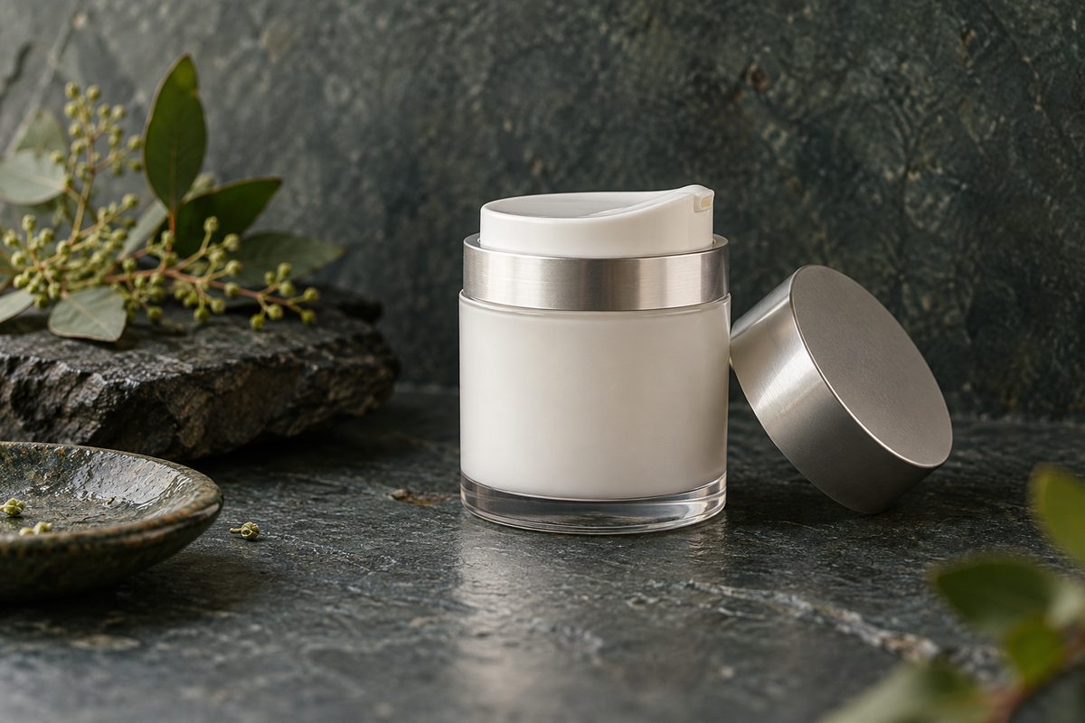 Cylindrical 50ml airless cream jar with precision dispensing actuator.