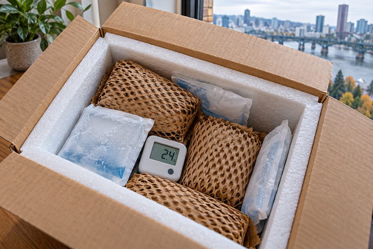 Thermal insulated parcel with electronic temperature monitor for peptide topicals.
