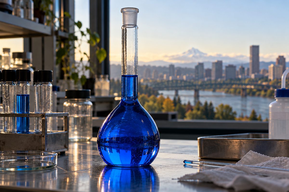 Intense cobalt blue copper tripeptide (GHK-Cu) analytical standard solution.