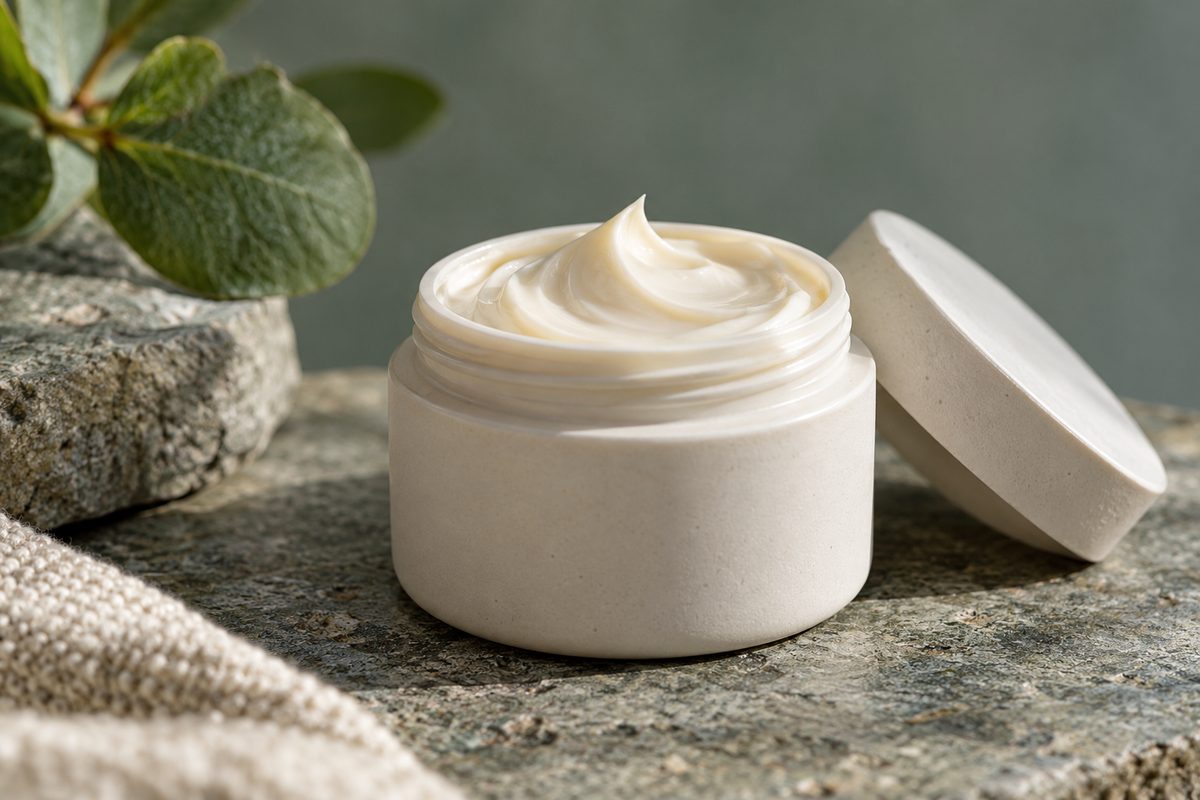 Airless cream jar showing rich physiological ceramide barrier cream emulsion.