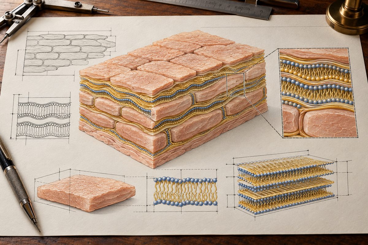Architectural technical diagram of stratum corneum lipid barrier structure.