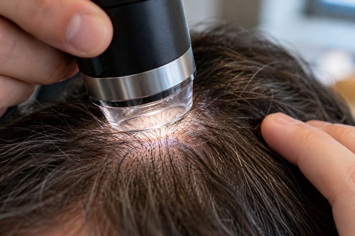 Dermatological sensor verifying scalp epidermal barrier and follicular health.