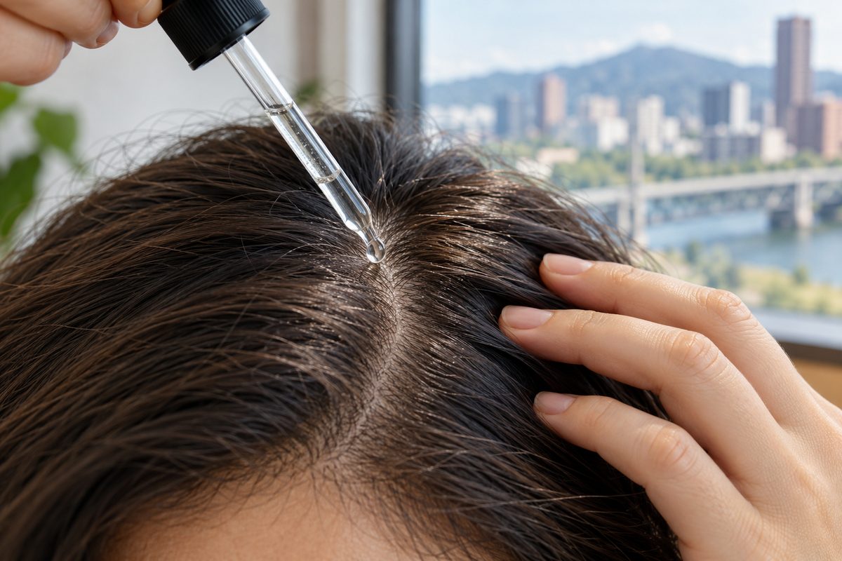 Pipette dispenser applying concentrated peptide scalp density fluid.