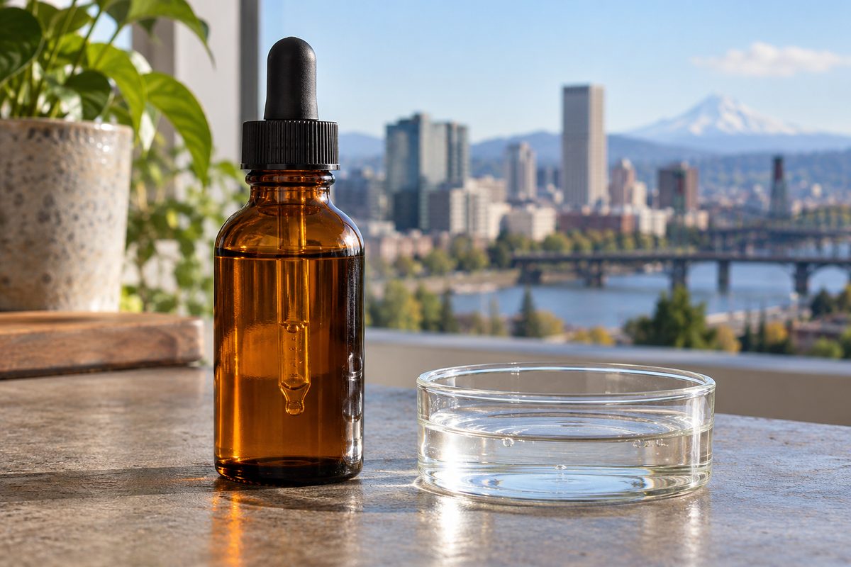 Amber dropper bottle and calibrated pipette for trichological peptide fluid.