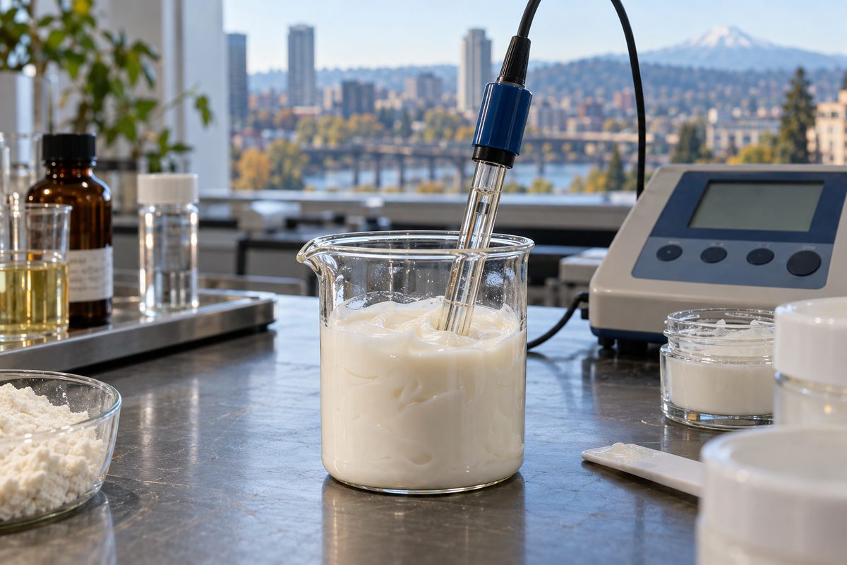 Laboratory pH assay bench testing acid mantle compatibility of skincare batches.