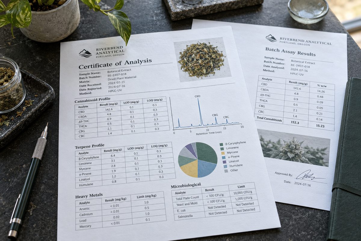 Laboratory certification documents and technical assay logs on slate surface.