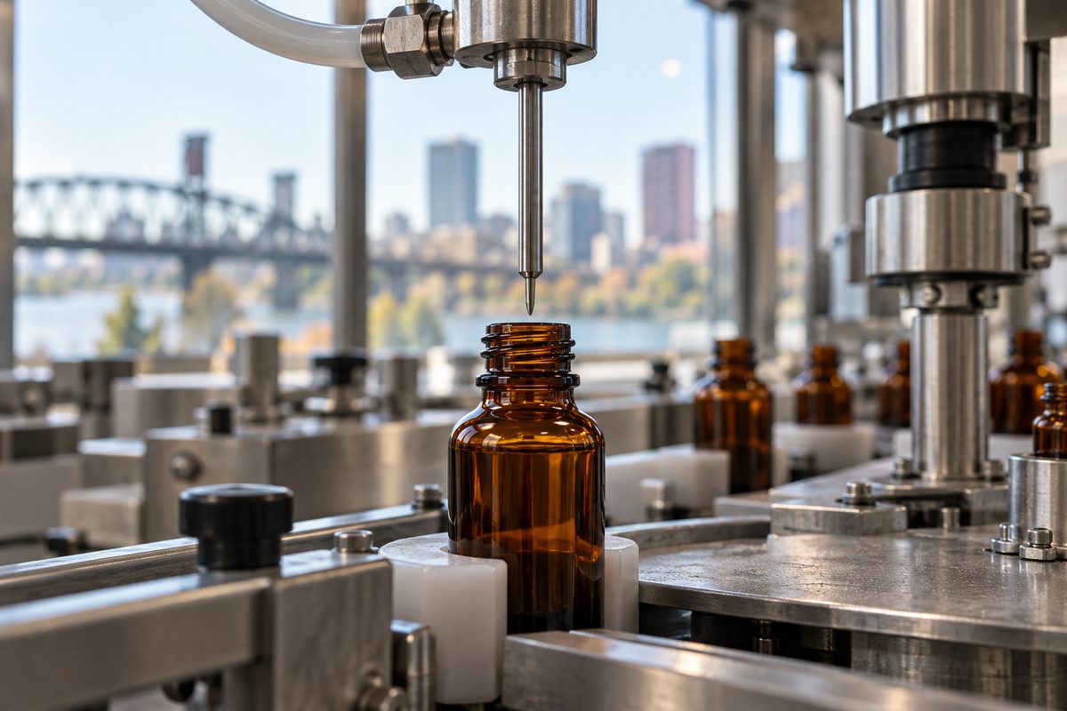 Inert nitrogen purge displacing oxygen in bottle headspace prior to airtight seal.