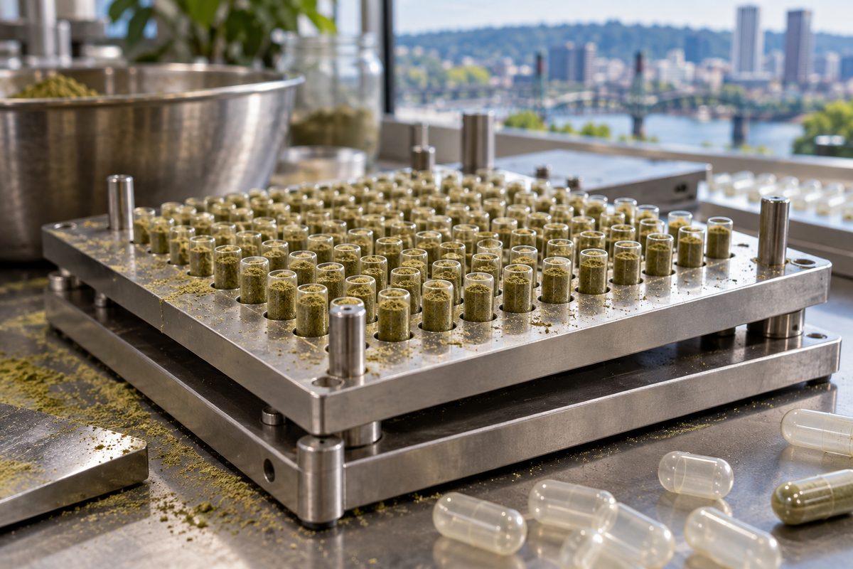 Clean encapsulation tray showing uniform herbal supplement dosage loading.