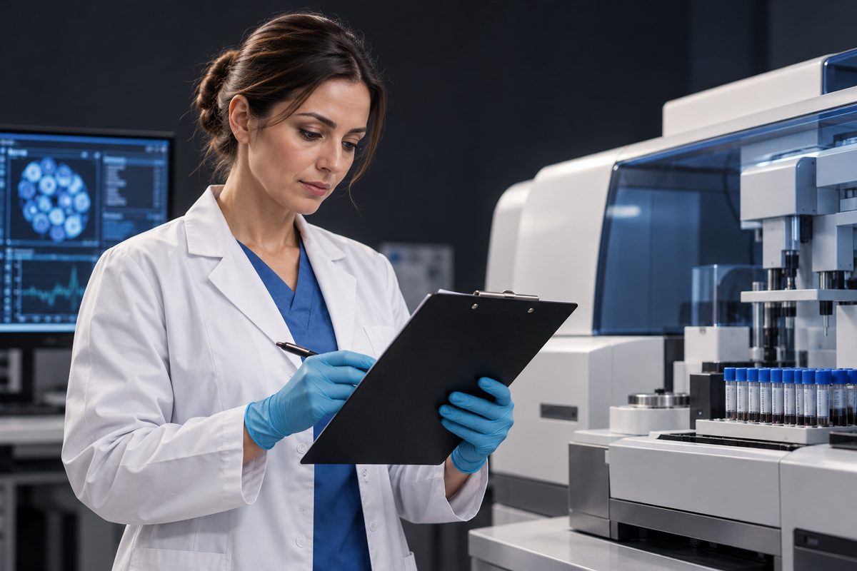 Product Manager Irina Petrova auditing cosmetic batch assay data at Alchemii.