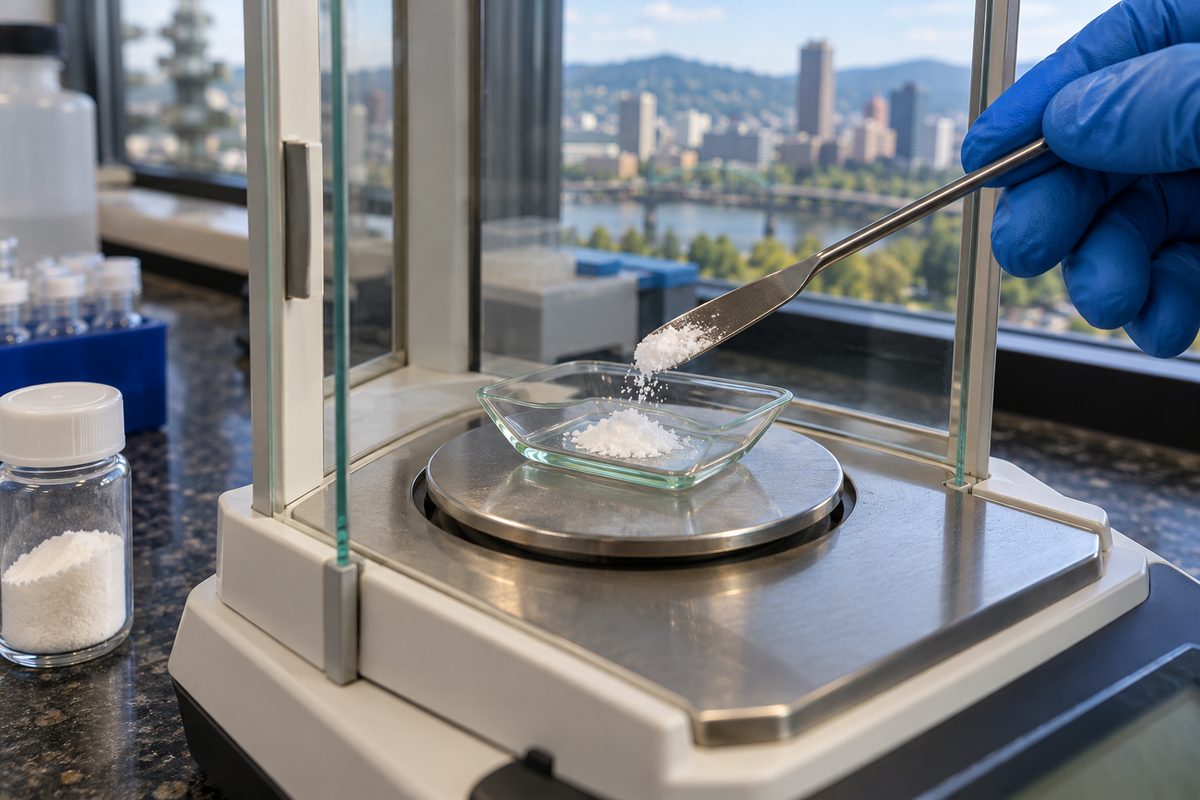 Analytical balance measuring pure crystalline peptide actives for batch validation.