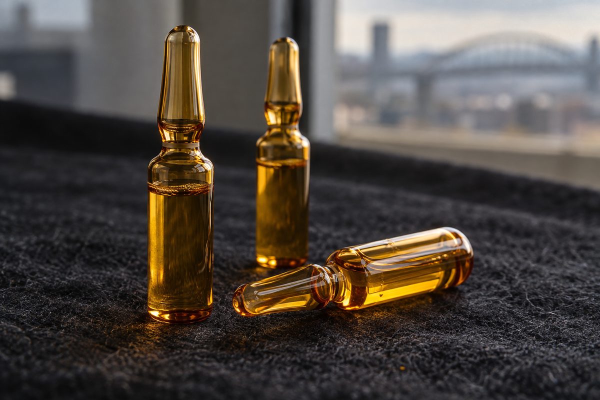 Flame-sealed amber glass ampoules safeguarding sensitive active retinoids from oxidation.
