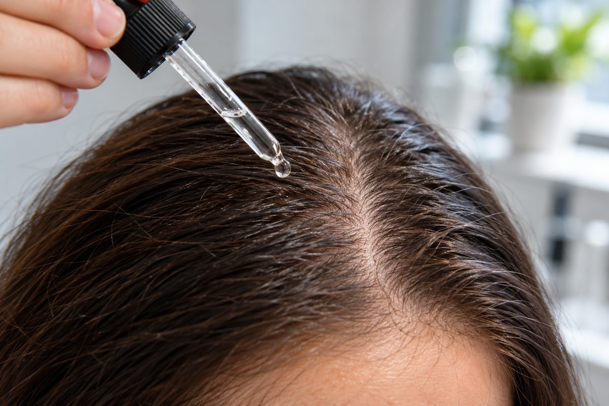 Calibrated glass dropper applying peptide density fluid along clean hair parting.