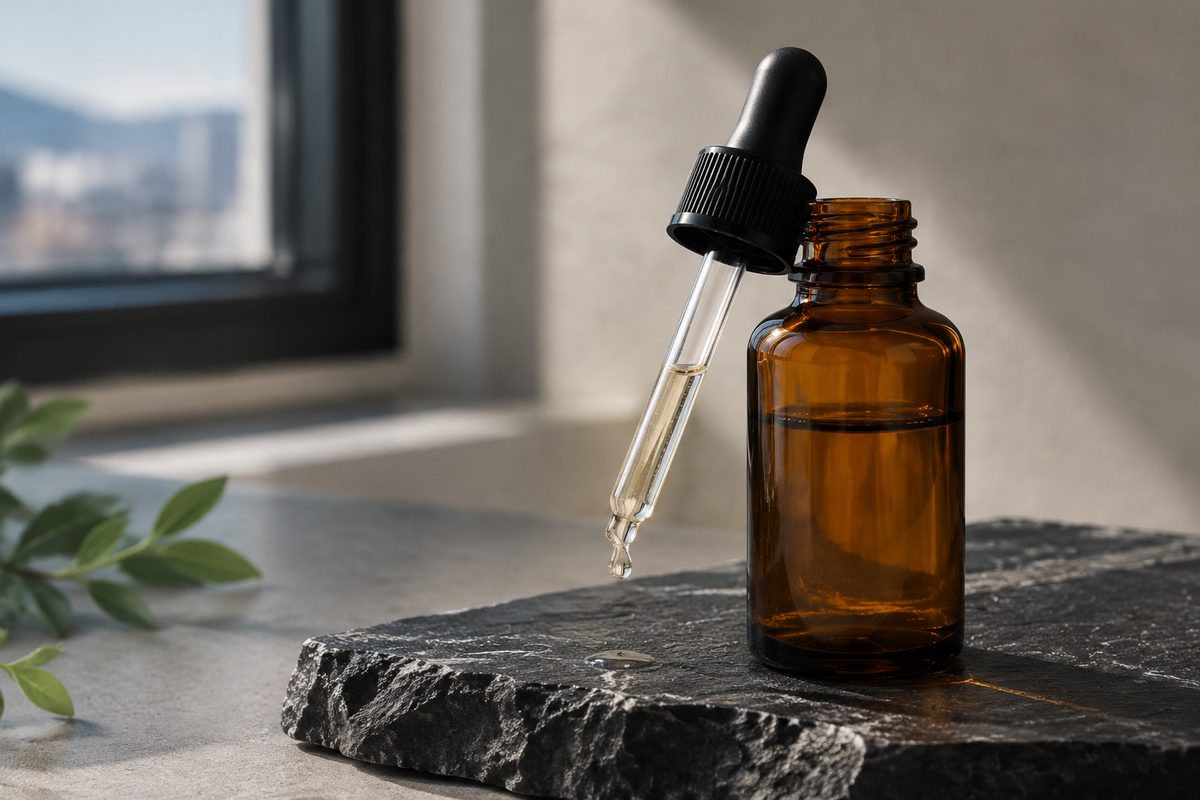 Amber borosilicate glass dropper bottle with precise pipette tip dispensing active facial serum.