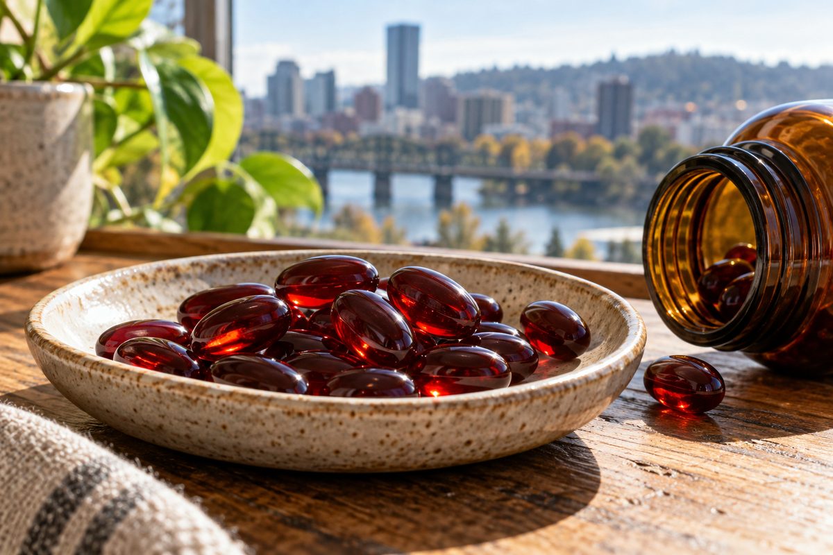 Nutraceutical astaxanthin softgels displaying carotenoid translucency in amber container.