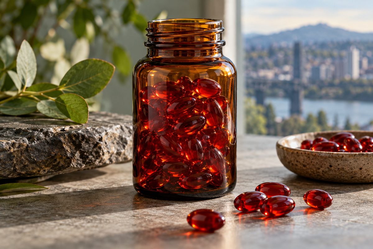Pharmaceutical amber apothecary bottle filled with microalgae astaxanthin softgels.