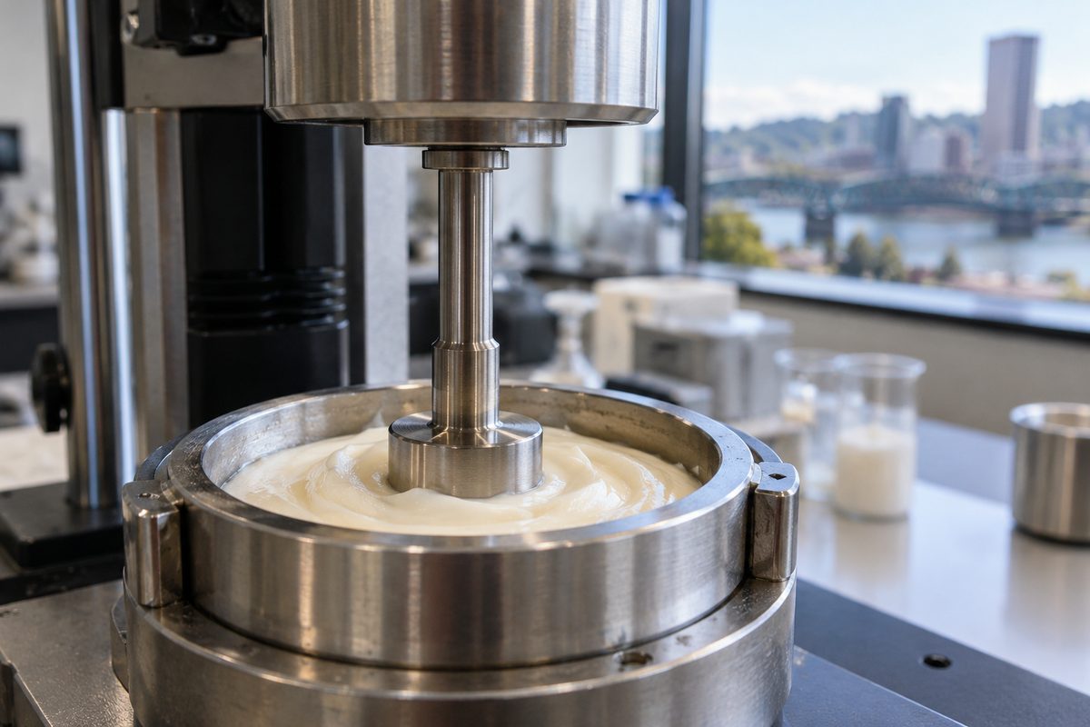 Rotational rheometer measuring viscosity curves and shear thinning properties.